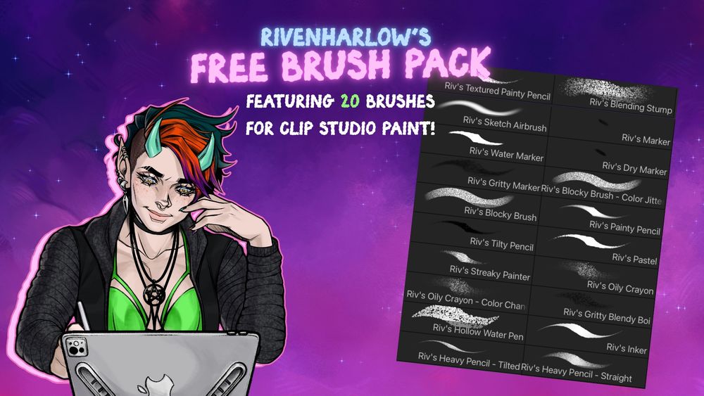 the listing graphic for my free brush pack for Clip Studio, showing my mascot drawing on an iPad with my galaxy background and a cropped screenshot of all the brushes