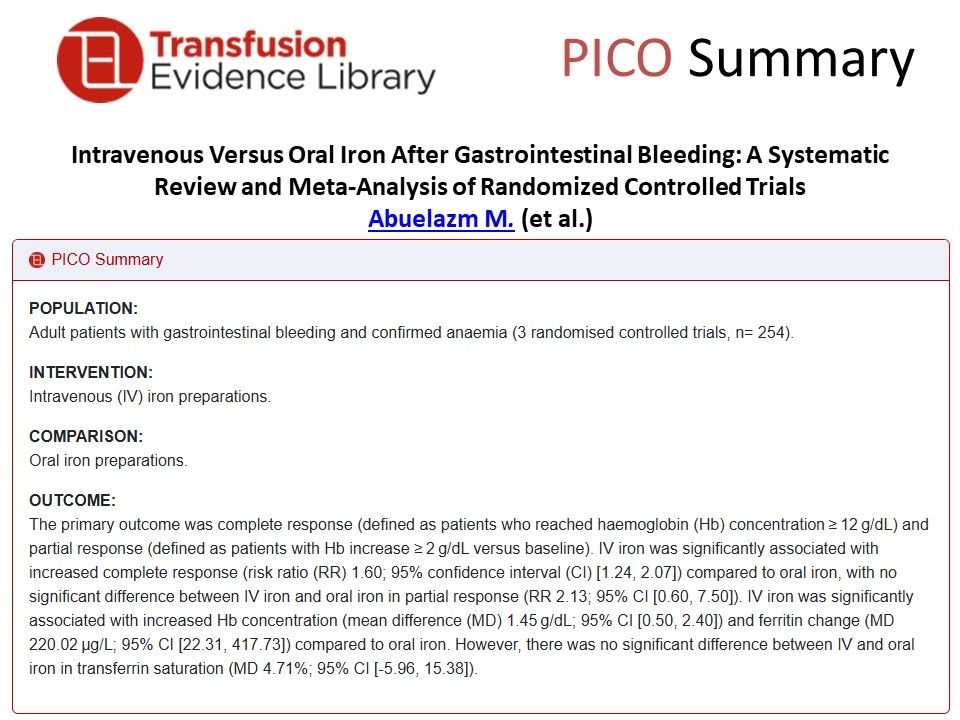 Image showing a PICO summary for:

Intravenous Versus Oral Iron After Gastrointestinal Bleeding: A Systematic Review and Meta-Analysis of Randomized Controlled Trials
by Abuelazm et al.
featured in the Transfusion Evidence Alert - September 2025
