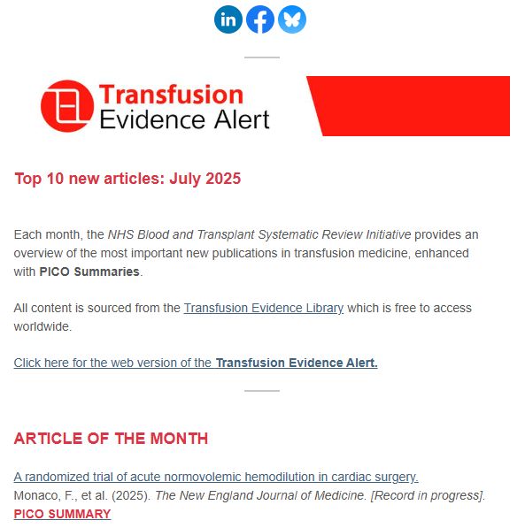 Image showing an extract of the Transfusion Evidence Alert - July 2025