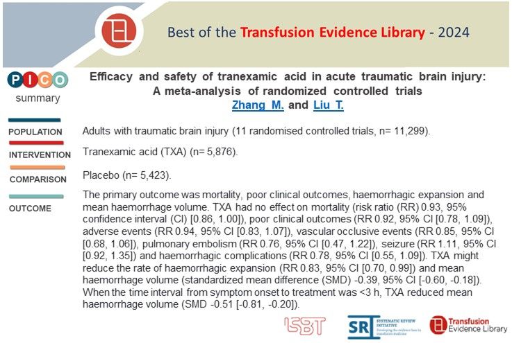 From the #Transfusion Evidence Round-Up: Best of the TEL 2024:
Efficacy and safety of tranexamic acid in acute traumatic brain injury: A meta-analysis of randomized controlled trials
by Zhang and Liu
