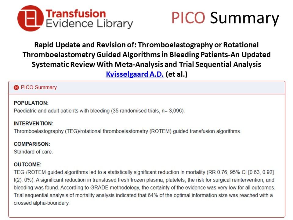 Image showing a PICO summary for:

Rapid Update and Revision of: Thromboelastography or Rotational Thromboelastometry Guided Algorithms in Bleeding Patients-An Updated Systematic Review With Meta-Analysis and Trial Sequential Analysis
by Kvisselgaard et al.
featured in the Transfusion Evidence Alert - November 2025