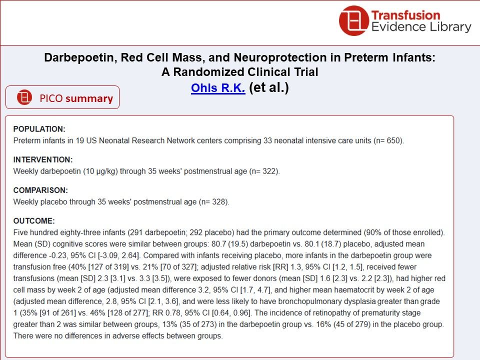 Image showing a PICO summary for:

Darbepoetin, Red Cell Mass, and Neuroprotection in Preterm Infants: A Randomized Clinical Trial
by Ohls et al.
featured in the Transfusion Evidence Alert - June 2025