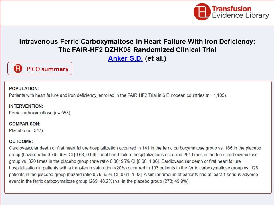 Image showing a PICO summary for:

Intravenous Ferric Carboxymaltose in Heart Failure With Iron Deficiency: The FAIR-HF2 DZHK05 Randomized Clinical Trial
by Anker et al.

featured in the Transfusion Evidence Alert - May 2025