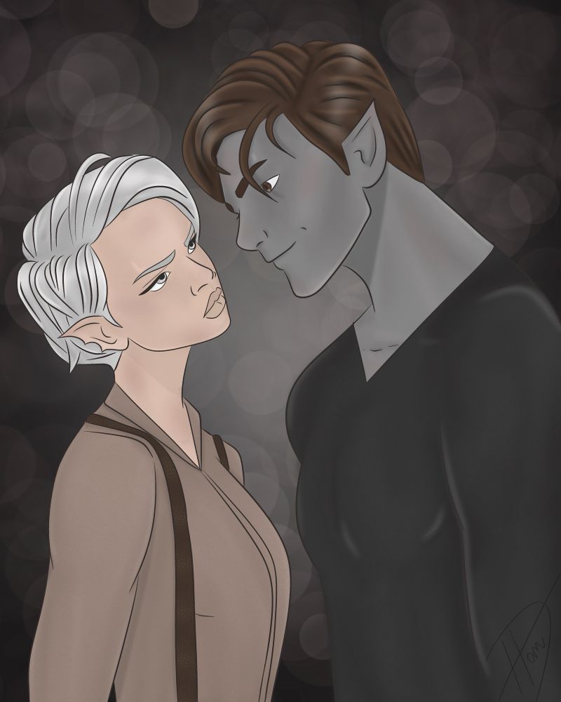 A silver haired femme looks annoyed and is nose to nose with a grey skinned male elf who is smirking down at them 