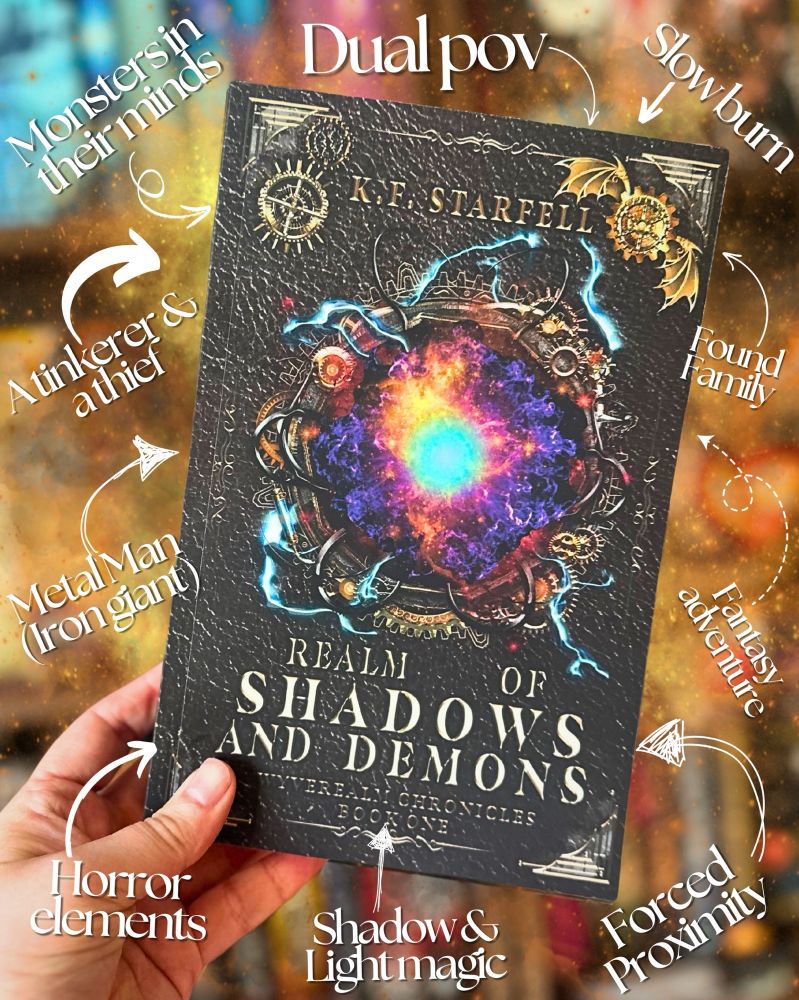 Book cover with a portal in the middle and gears, lists of things found in the book: horror elements, shadow and light magic, forced proximity, fantasy adventure, found family, slow burn, dual pov, monsters in their minds, a tinkerer and a thief, metal man (iron giant)