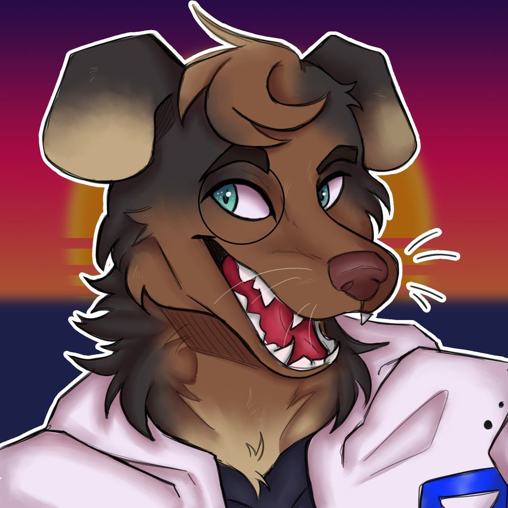 An anthropomorphic Australian shepherd in a white jacket with a blue pocket and a black hoodie underneath. He mostly has brown fur with black and cream-colored accents. He has blue eyes with a black ring around his right eye (viewer's left)