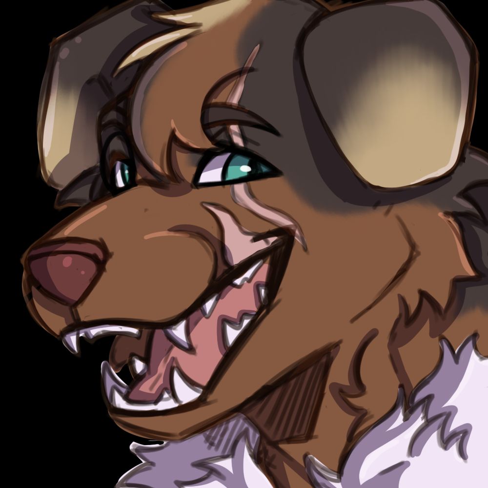 An anthropomorphic Australian Shepherd looks to the right with a wolfish smile. He has mostly brown, blackish-brown, and cream fur. He wears a white fur collar. He has blue eyes and a red nose. The eye on the viewer's right has a scar across it and another scar is close to that one coming up from the lips.