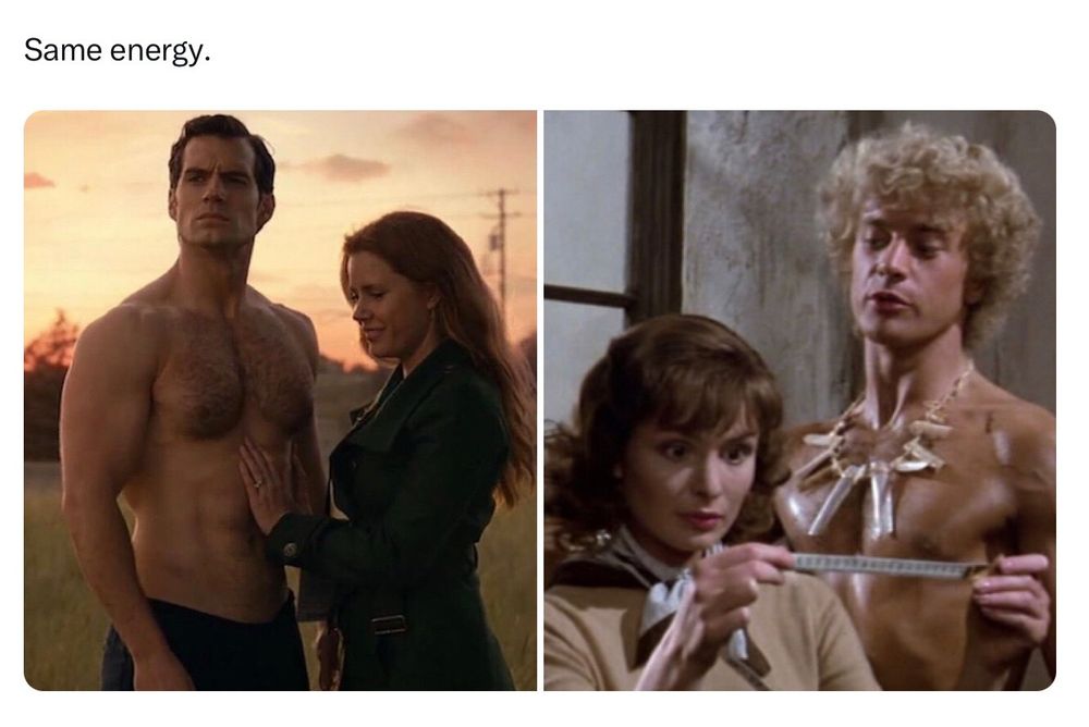“Same energy.” A meme comparing Lois Lane ogling a shirtless Superman to Hilary Flammond measuring Nigel’s penis in Top Secret!