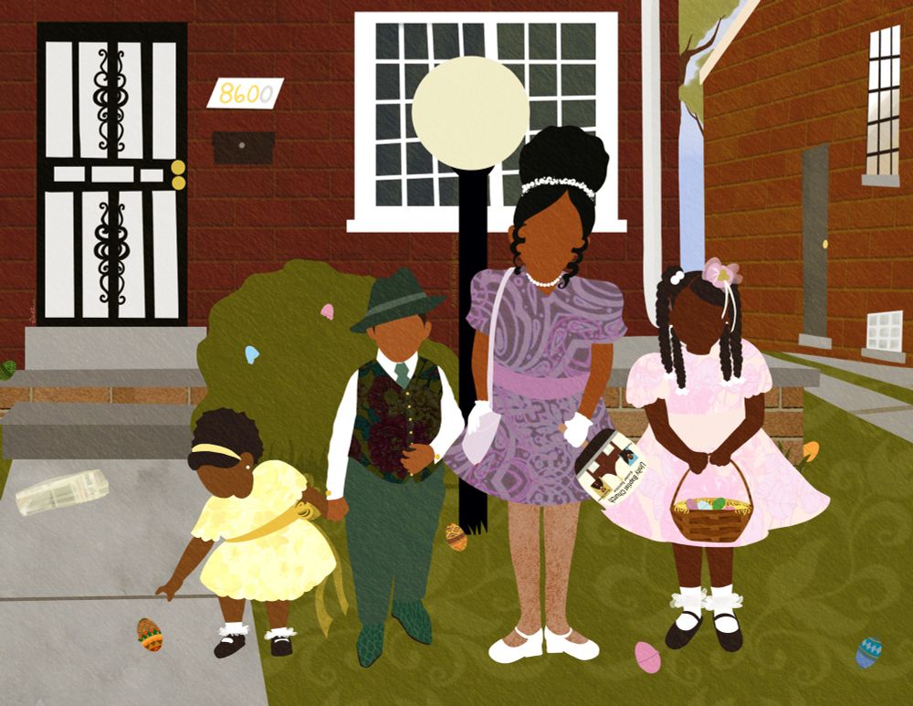 Illustration of 4 children’s dressed in their Sunday’s best, standing in front of their home. They are ready for church on Easter Sunday 