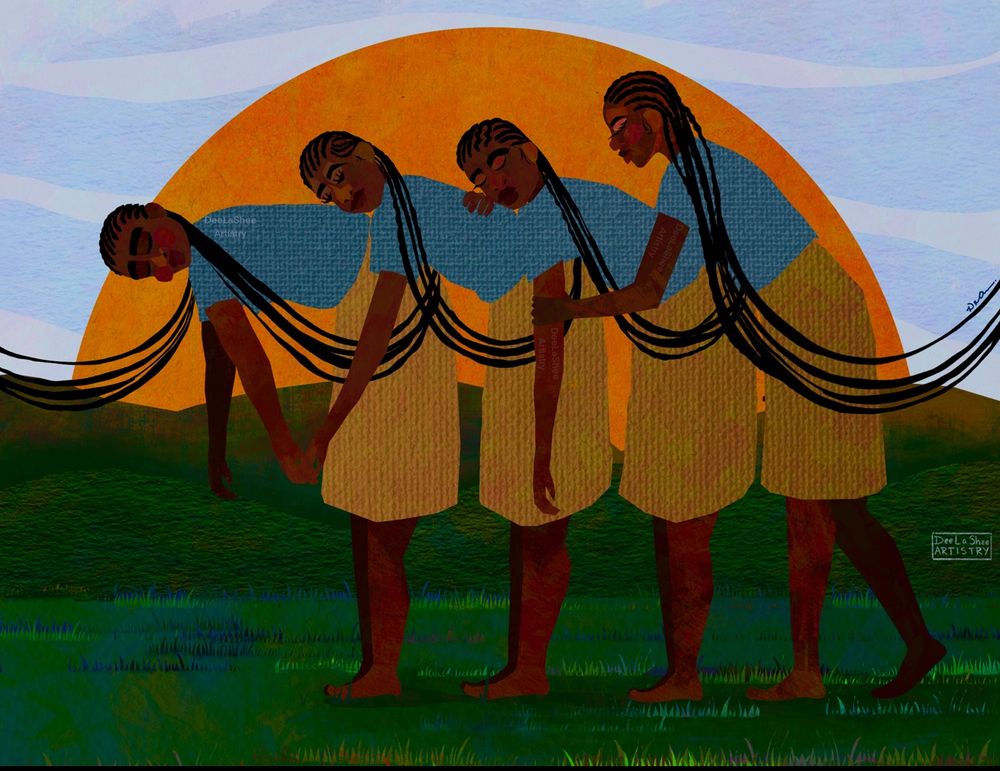 A vibrant illustration featuring four Black women with braided hair interlinked across their bodies, symbolizing connection and support. Each figure is depicted in a different posture, suggesting themes of growth, unity, connection. The background features a large, warm golden sun setting over rolling green hills and a gradient blue sky, creating a serene and reflective atmosphere.