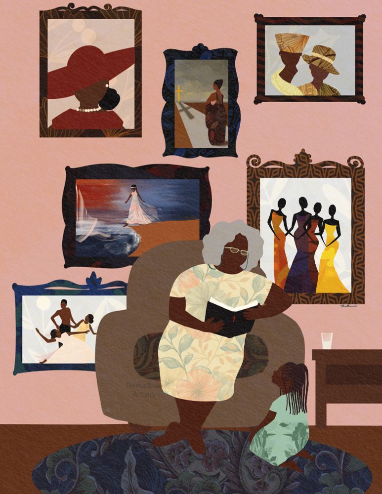 Illustration of a grandmother and a young girl in front of a wall. The grandmother is reading a Bible while the granddaughter gazes up at her attentively. The wall is adorned with vibrant, framed artwork showcasing various silhouettes and scenes, referencing Black art.