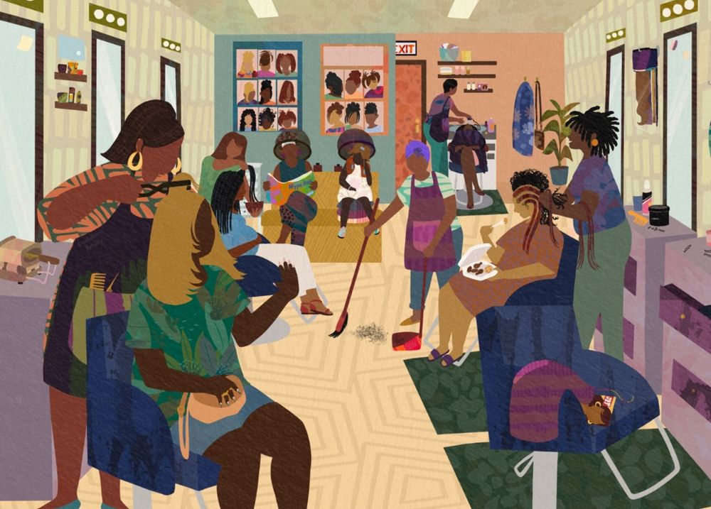 illustration of a vibrant Black hair salon with various clients and stylists doing hair. The scene is filled with dynamic energy, showcasing clients getting their hair braided, styled, and flat ironed. The space is warmly lit, with salon tools and hair products visible on counters and shelves. In the background, a stylist sweeps the floor while a child sits under the dryer.