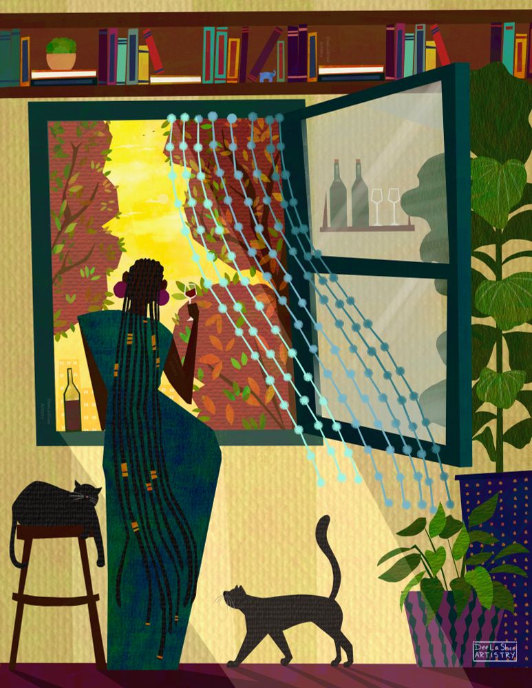 Digital illustration of a black woman wearing a long turquoise dress, with braids swaying down her back, standing in a window looking out into brownish, red autumn trees. She is holding a glass of red wine in her hand with a half empty bottle on the window sill to her left. There are 2 black cats near her: one on a stool to her left and one walking towards her to the right. To the far right two large plants in purple and pink flower pots frame the image. To the left of them you can see a shelf with wine bottles and glasses on it. Light shines through the window with blue beaded curtains blowing in the wind. 