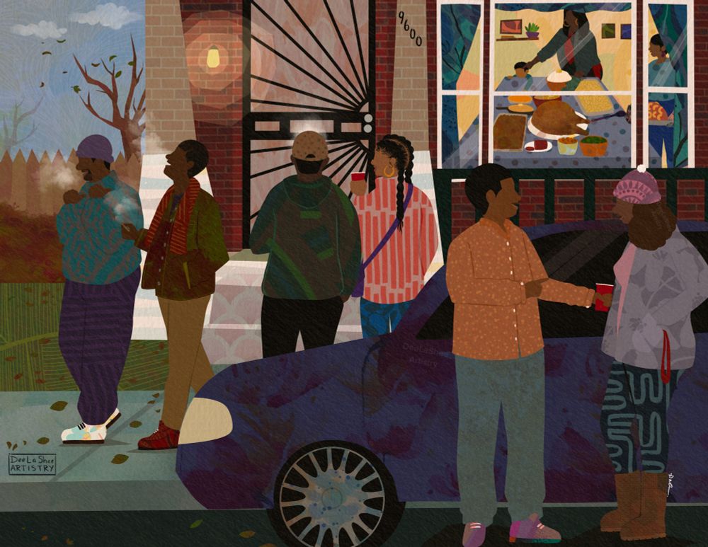 illustration of a group of cousins gathering in front of a brick home. They are standing on the sidewalk, talking, laughing, walking  and enjoying drinks and smoking.Some are wearing jackets while others face the chilly evening. In the background, through a large window, two women prepare a thanksgiving dinner. A little boy is seen trying to sneak a piece of pie.