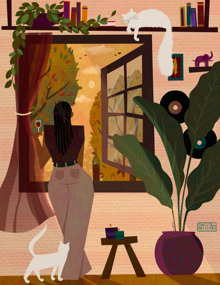 Illustration of a masc presenting queer woman with locs leaning in her window holding a glass of red wine. She is looking out into an autumn evening with yellow, brown and orange leaves. To her left a white cat rubs up against her leg. Another white cat can be seen resting in the ceiling shelf above.