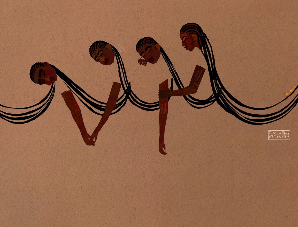 IA minimalist illustration on a textured beige background, featuring four Black women with braided hair interlinked across their bodies. Each figure expresses a different posture, symbolizing connection and emotional strength. The muted color palette highlights the bold black braids and the warm tones of their skin, creating an elegant and introspective visual.