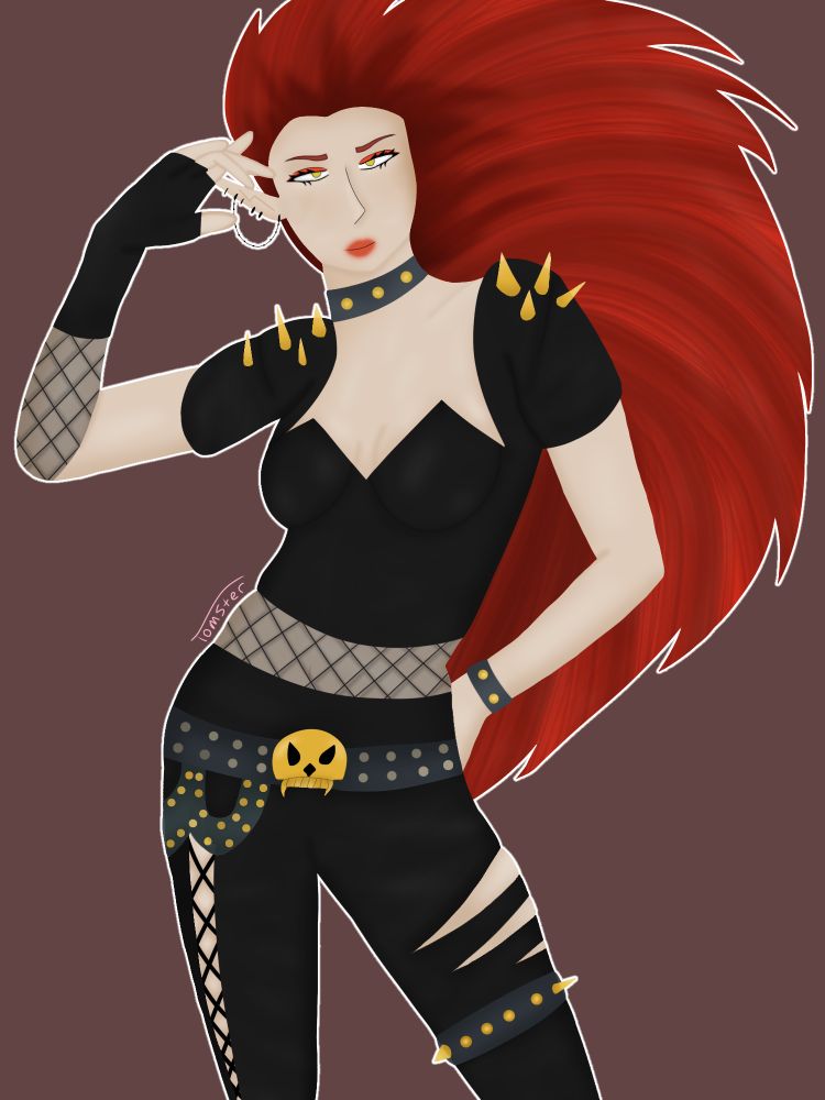 Character belongs to Sygnin

A woman with an 80s style leather outfit with gold studs and rips in the pants. She wears fishnets on her stomach and one arm. She has pointy/large hair going to one side. She's also got elf ears with many piercings.