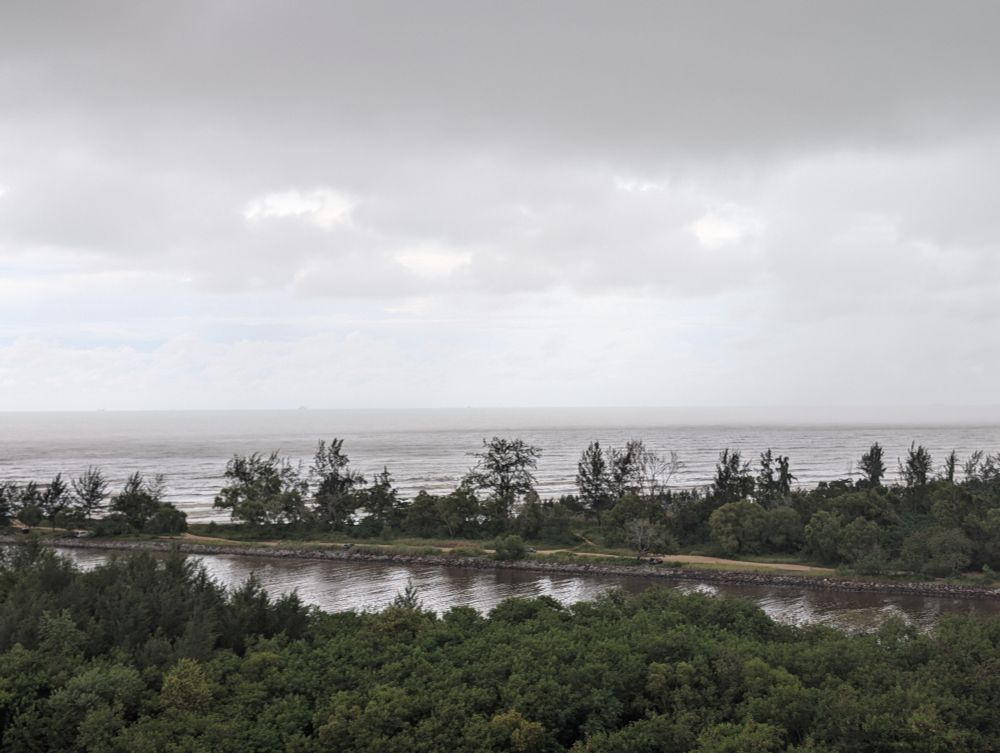 Shore line with wave area, rain line, wind line.