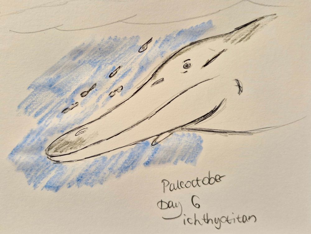 a portrait of a large marine reptile, text reads 'paleoctober2025- ichthyctitan. little fish are swimming in the background 