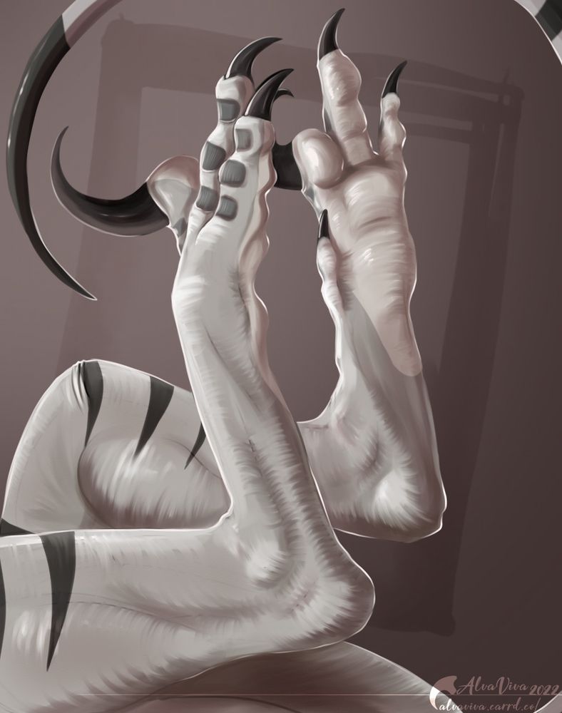 artwork of Pye the velociraptor's paws - they have grey skin with black stripes. their claws are jet black