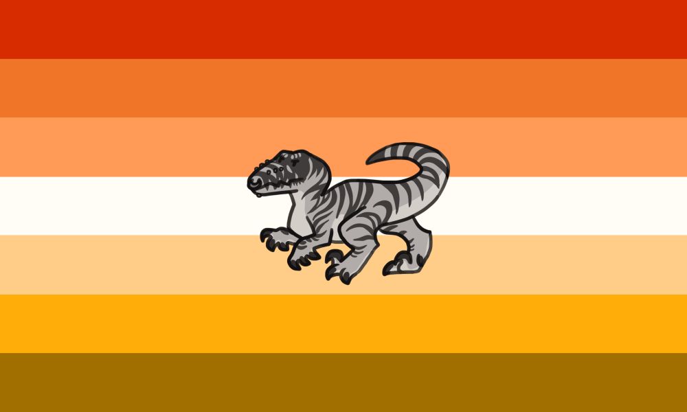 artwork of pye the dinosaur by @d1n0synth.bsky.social stuck on top of the orange variant of the butch flag