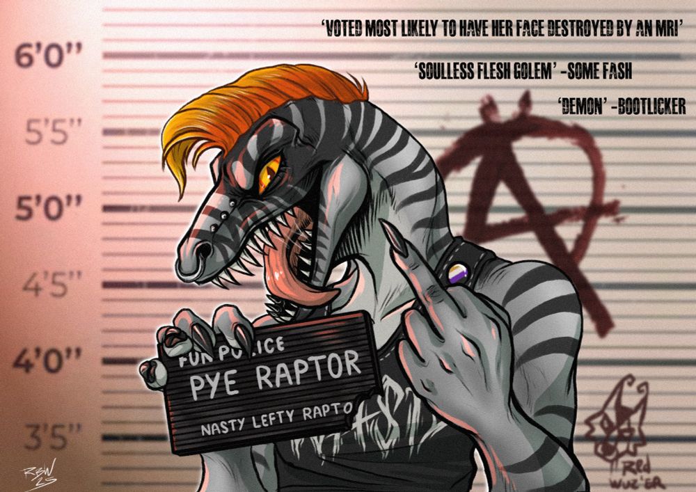digital artwork of pye the velociraptor standing at a police line up, holding a sign which reads 'nasty lefty raptor' - art by Red Baron