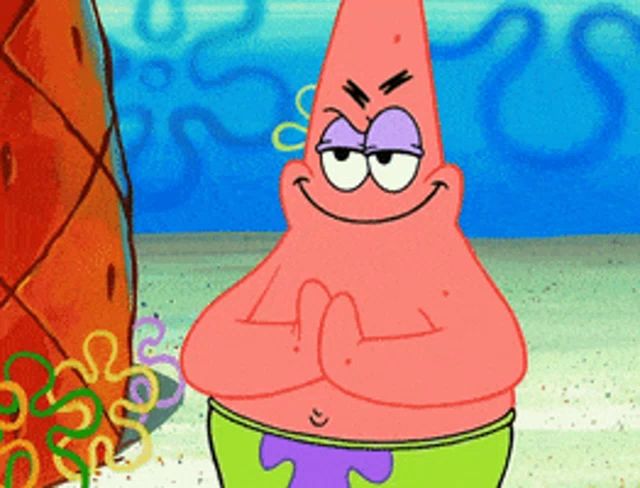 patrick star from spongebob squarepants is smiling with his hands folded