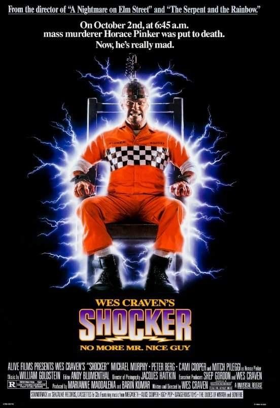 Movie poster for Wes Craven's Shocker, showing a grinning man in an electric chair