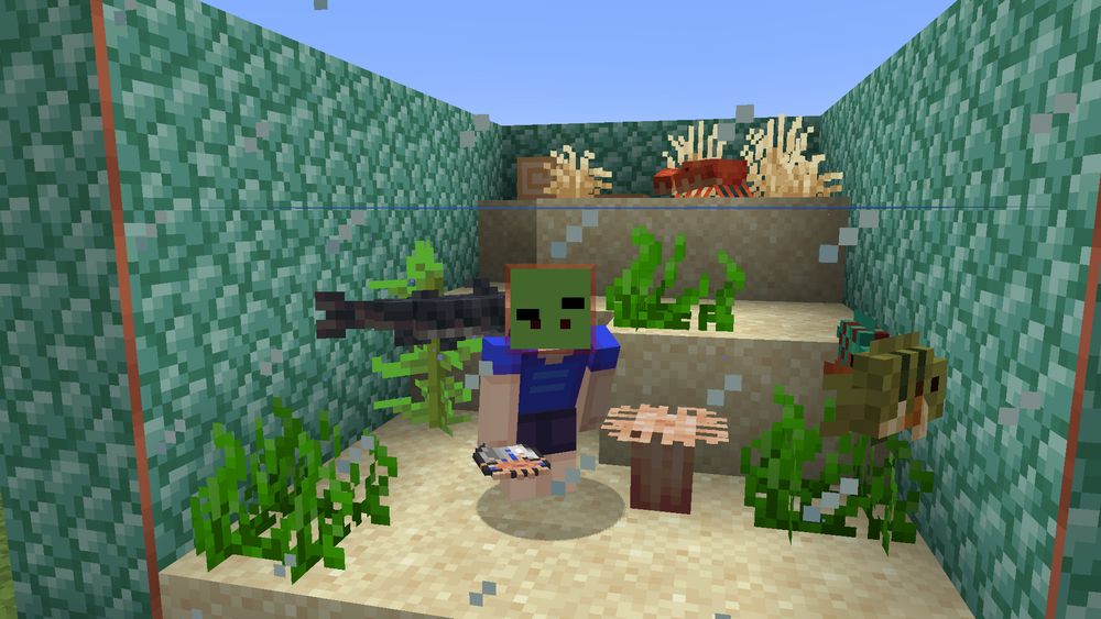 A Minecraft player in an aquarium with sunfish, a catfish, a crab, and a sea anemone.