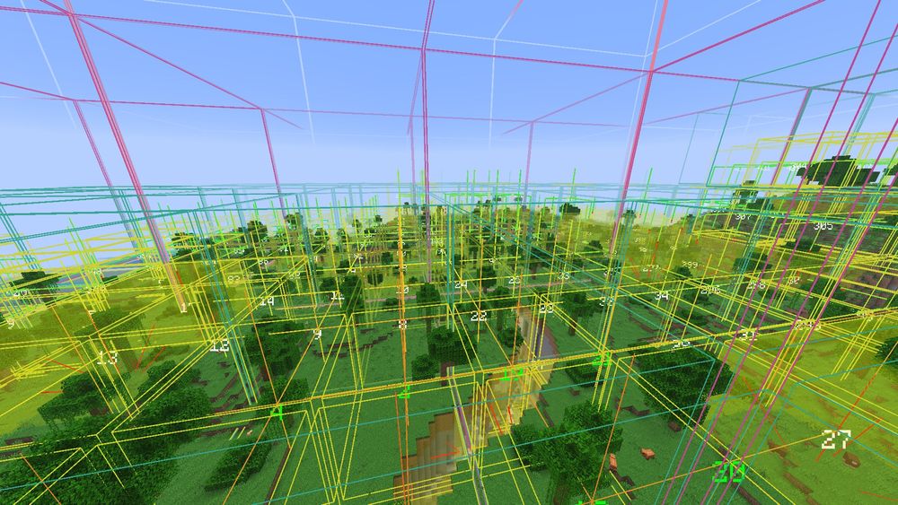 A Minecraft world with the chunk section octree, chunk section paths, and chunk section visibility debug renderers active