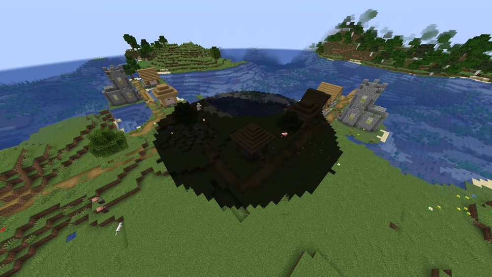 A Minecraft village with a circle darkened out