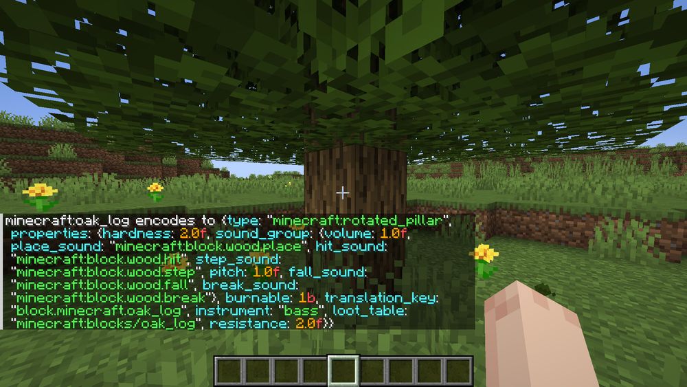 Minecraft screenshot with command feedback in the chat showing how an oak log block encodes to NBT