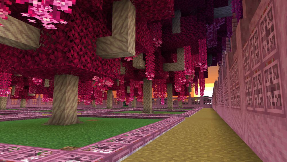 Minecraft screenshot of an orchard of Folly Trees