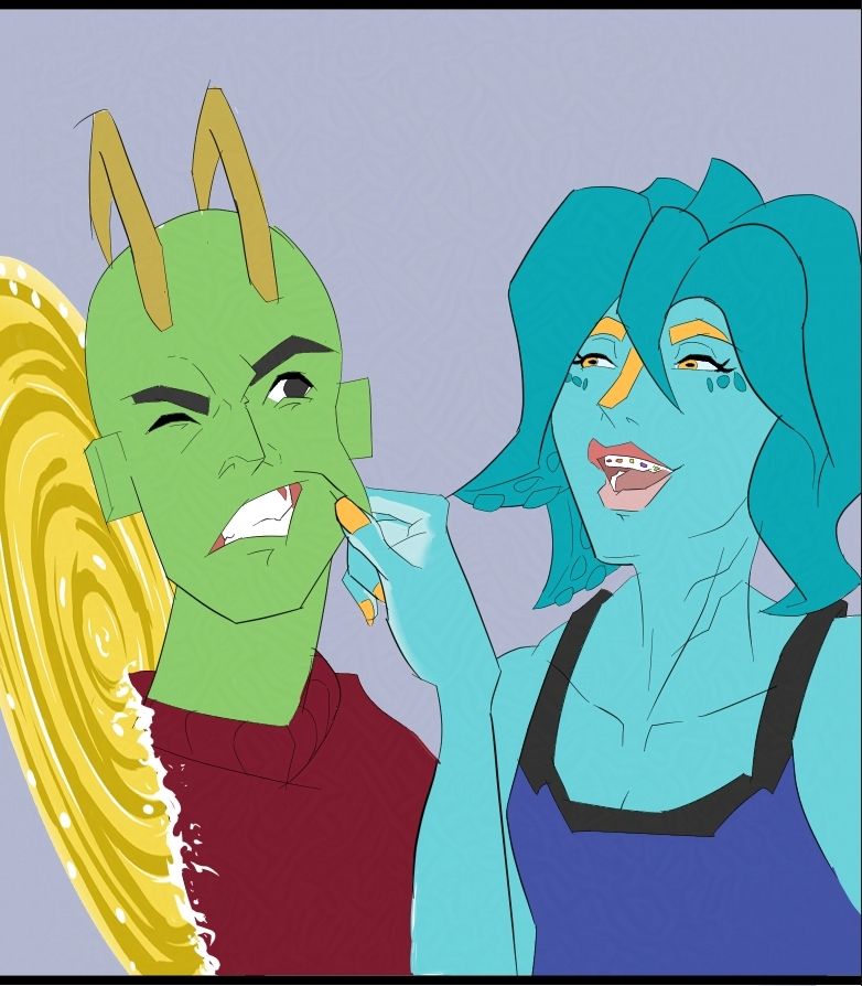 Ari is shown pulling Kitsu's cheek with two fingers with a smile on her face. Kitsu is shown grimacing in annoyance.