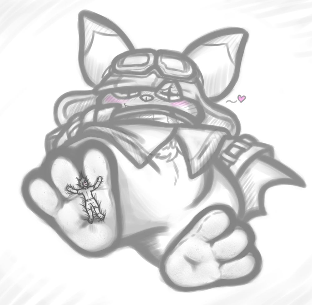 A macro chiropmon with a micro tamer under a paw. Gentle and affectionate.