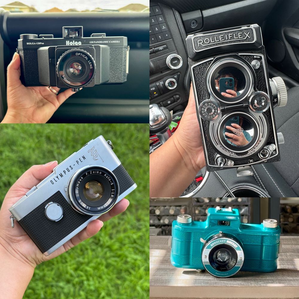 Photo collage of 4 cameras: Holga 120 Pan; Rolleiflex 3.5B; Olympus Pen F half frame; Lomography Sprocket Rocket. 