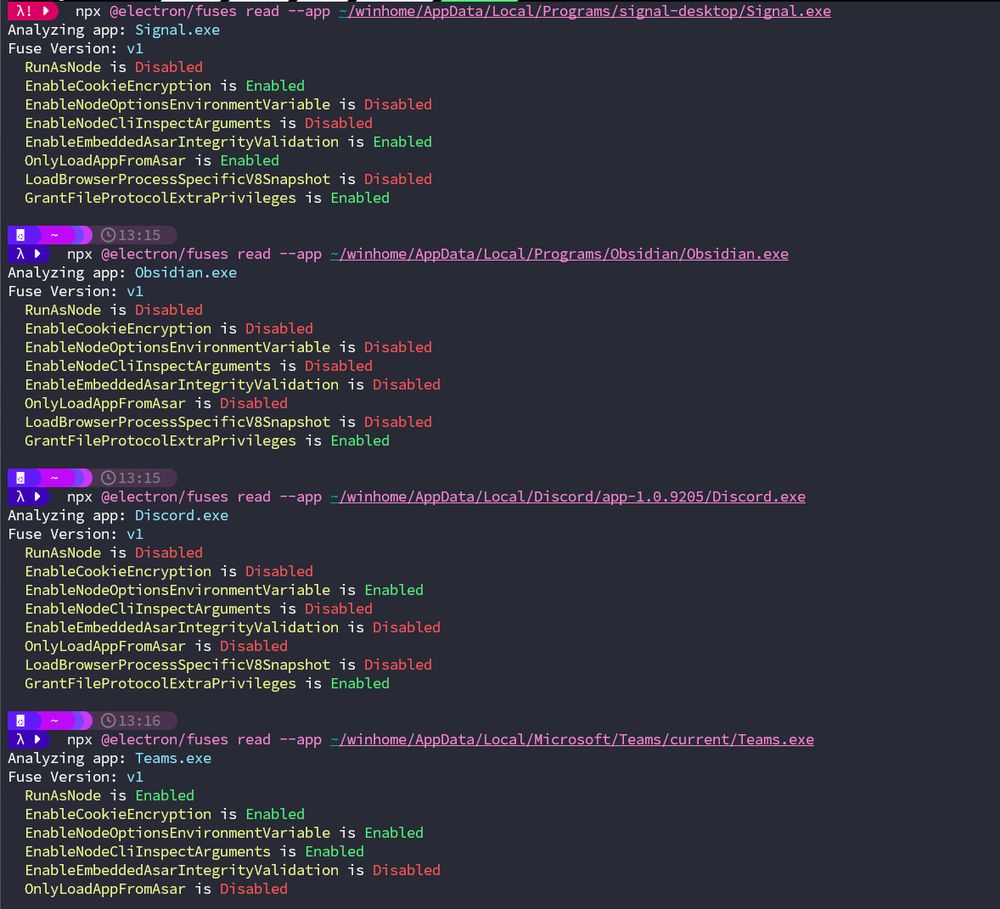 4 apps checked with electron's fuses tool: Signal, Obsidian, Discord, and Teams. Only Signal has EnableAmbeddedAsarIntegrityValidation enabled.