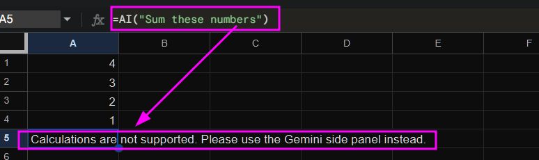 Gemini in Google Sheets. 4 rows of single digits and an AI prompt to sum the numbers. Response: Calculations are not supported.