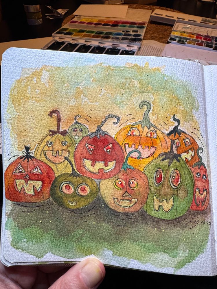 A watercolor painting depicting 10 different pumpkins, all grinning, with different colors and shapes and different facial expressions. 