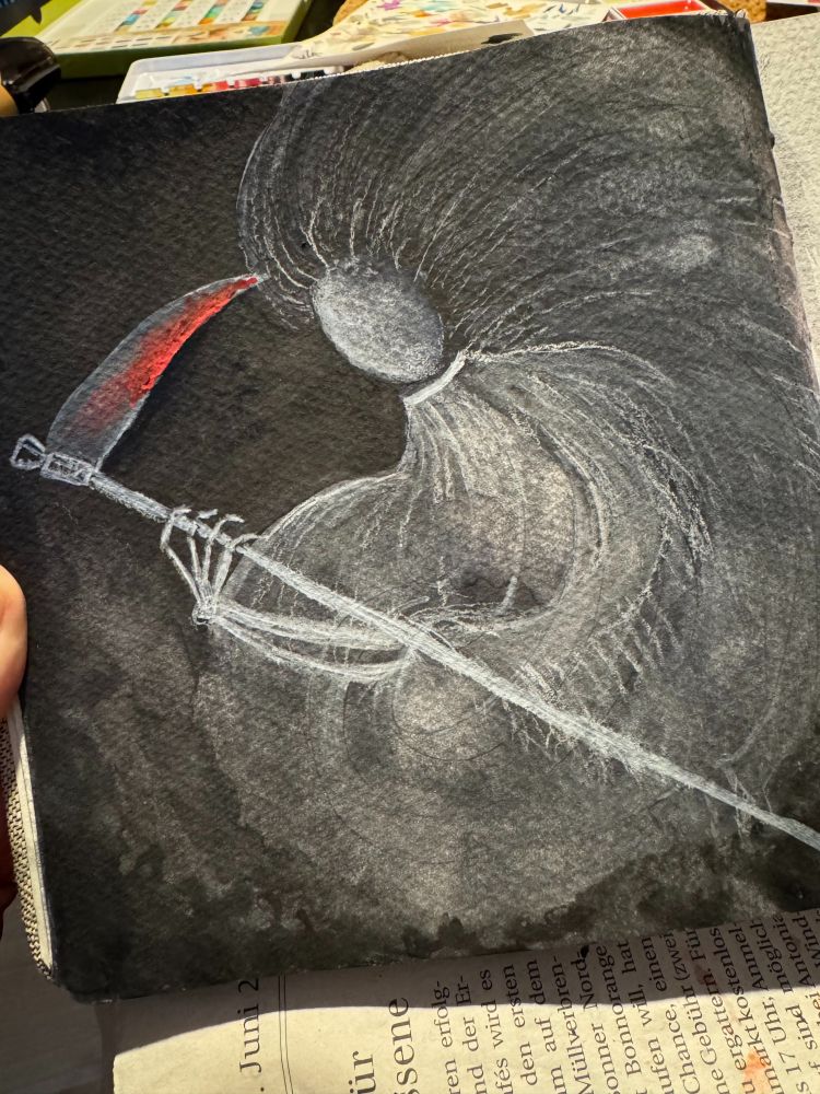 Watercolor painting depicting a whitish-gray shadow ghost without a face on black background. The ghost is genderless, has a wild mane of hair that swirls down to its chest and lower body, merging with it. It carries a scythe in its skeletal hand, which is smeared with blood.