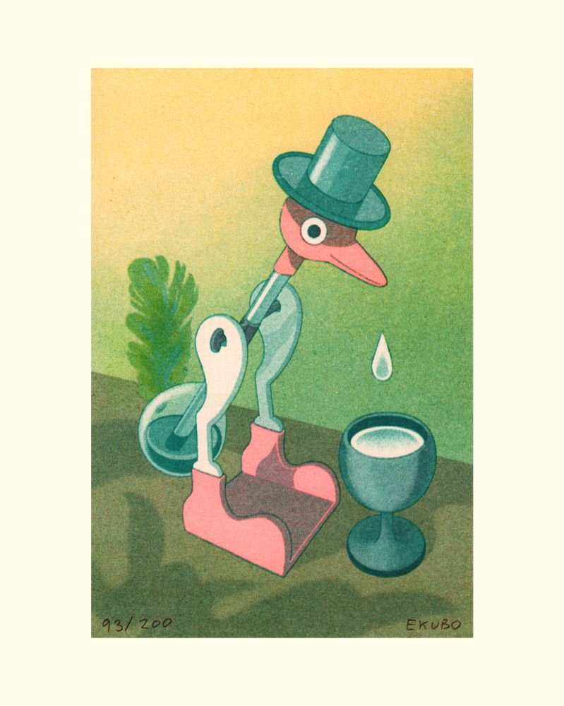 A risograph printed illustration of an old fashioned drinky-bird toy on a table with a small goblet of water. A droplet of water drips from its beak. The whole image has a soft grainy texture typical of the risograph printing process.