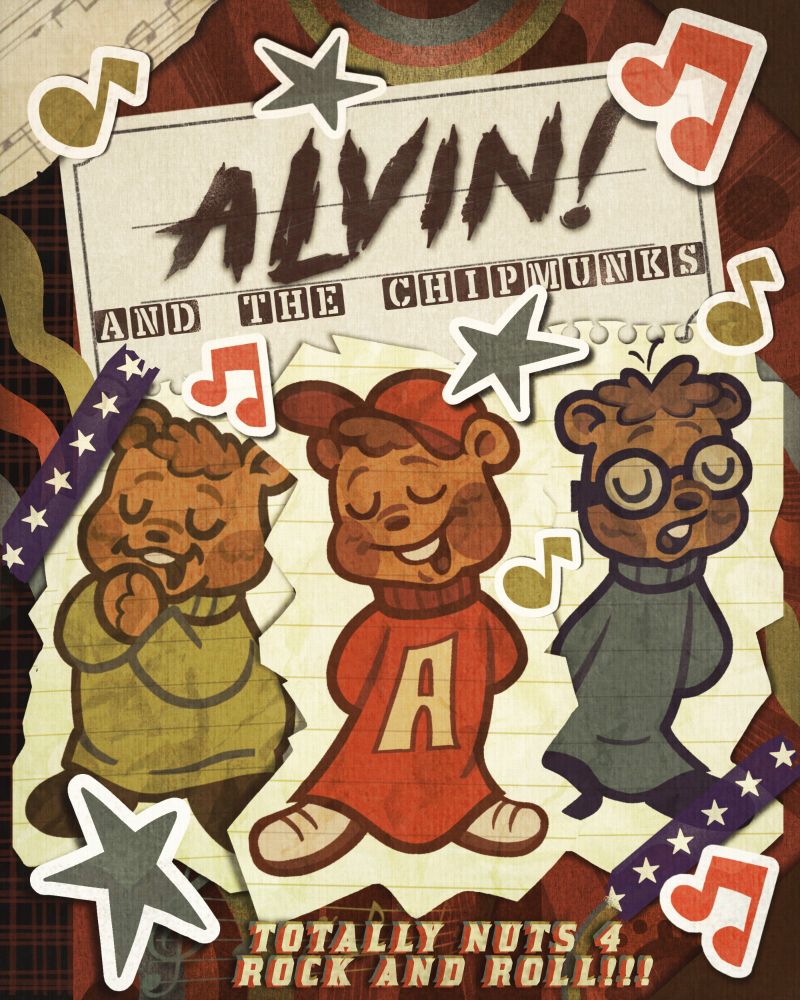 a digital fanart piece for alvin and the chipmunks! Theodore, Alvin, and Simon Seville are shown singing, Theodore is clasping his paws while Alvin and Simon have their paws behind their backs. They are each made to look as if they were printed onto lined paper, to mimick being cut out and pasted onto the background, resembling a notebook cover. Text reading "ALVIN and the chipmunks" hangs above them, with a caption below reading "Totally nuts 4 rock and roll!!!". The drawing is also adorned with music notes made to resemble stickers and lines of washi tape.