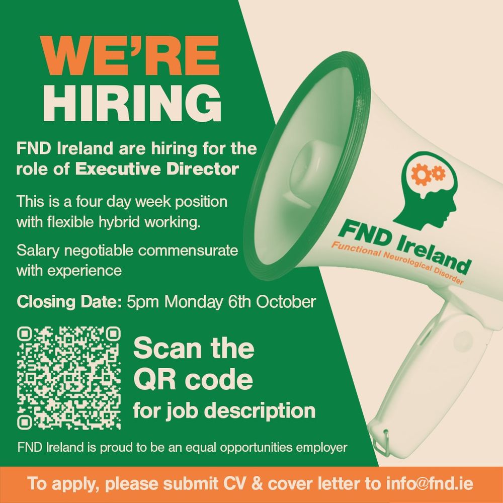 Image description: A white and green poster for FND Ireland recruiting an executive director.

The text reads: 
We're Hiring
FND Ireland are hiring for the role of Executive Director
This is a four day week position with flexible hybrid working.
Salary negotiable commensurate with experience.
Closing Date 5pm Monday 6th October
FND Ireland is proud to be an equal opportunities employer.
To apply, please submit CV and cover letter to info@fnd.ie

There is a loudspeaker to the right of the poster and a QR code to scan for job description in the bottom left of the poster.