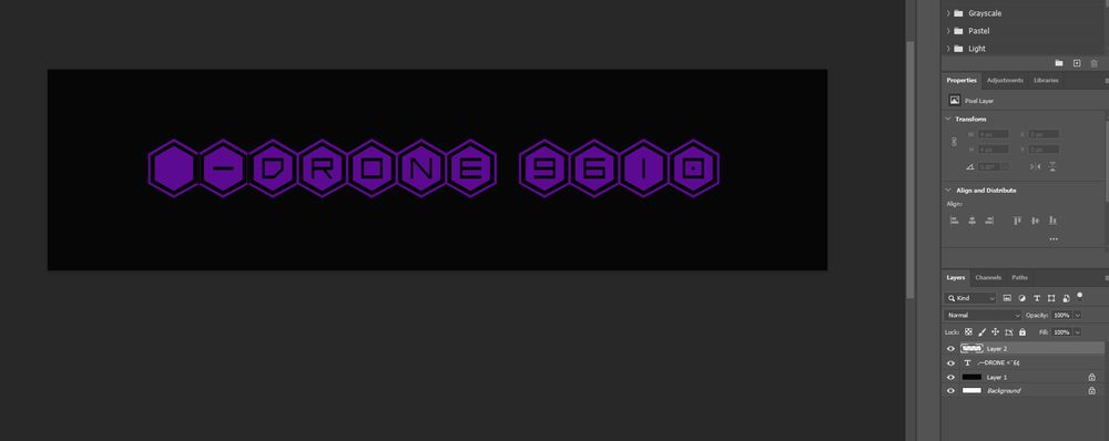 A partial screenshot of the program Adobe Photoshop 2021 open with a banner of its identifier, being ⬡-Drone #9610 written in HexCorp's font and in purple, looking to experiment on a profile banner for itself and possibly other drones as well if they so request one.
