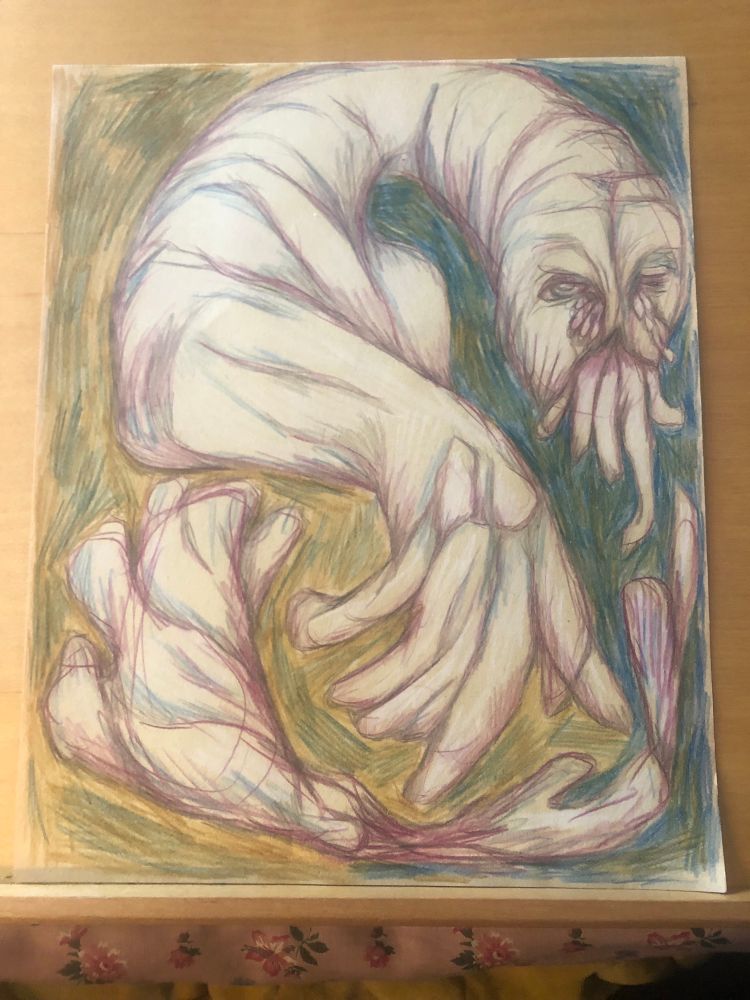 Coloured pencil and graphite drawing of a weird creature and surrounding flourishing shapes on 80’s craft paper.