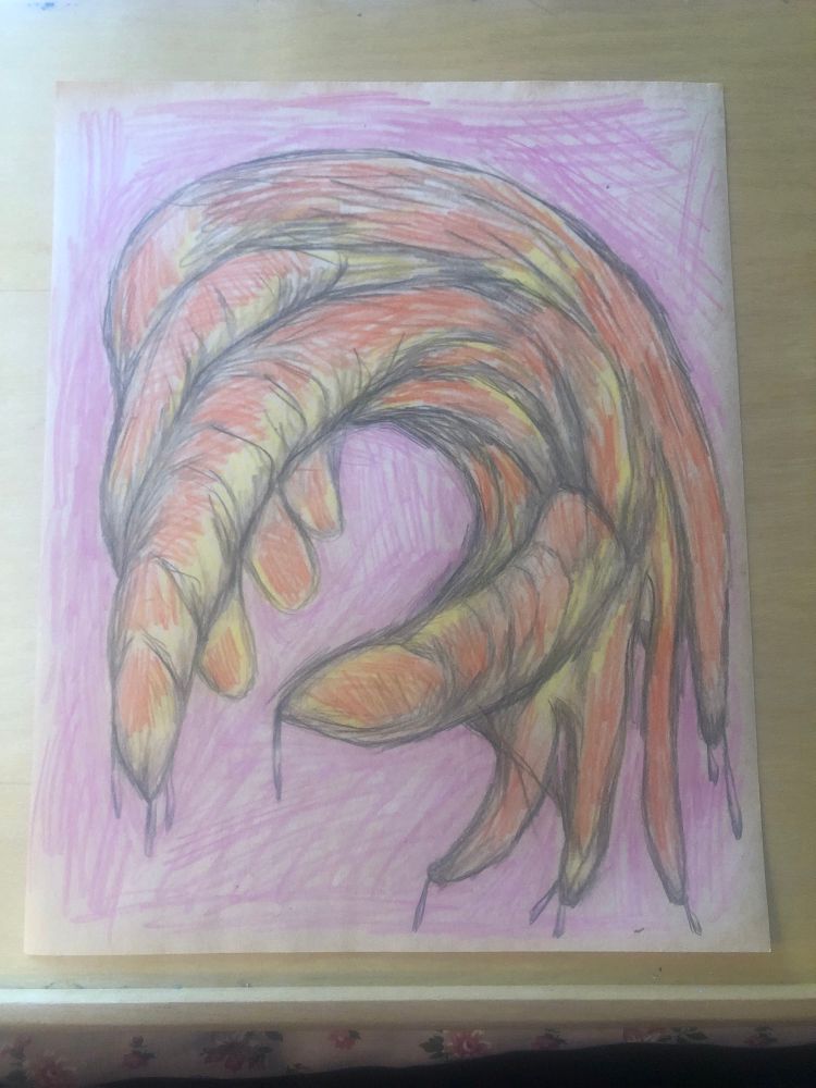 Coloured pencil and graphite drawing of a weird hand.