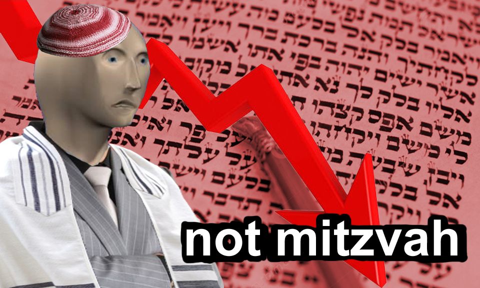the stonks meme man wearing a tallit and a kippah, frowning while standing in front of a red-tinted page of Hebrew text with a jagged downward arrow. The text says "not mitzvah"