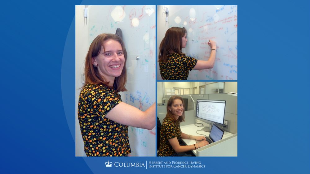 Collage of Mariah Loehr. Left: Mariah smiling while writing on a whiteboard. Top right: Mariah focused on writing notes and equations on the whiteboard. Bottom right: Mariah smiling, seated at a computer workstation.