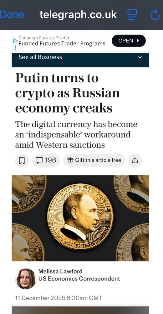 Telegraph cover: Putin turns to Crypto as Russian economy creaks 