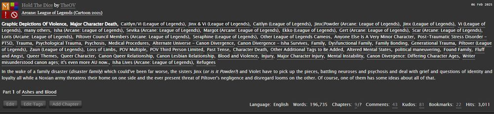 AO3 Screenschot, containing description for the Arcane Fanfic "Hold the Dice" and many... many tags. 